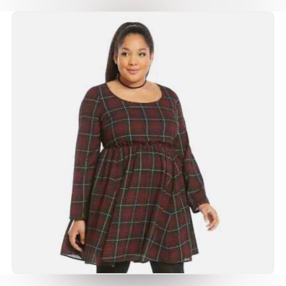 Torrid Cross Back Plaid Long Sleeve Chiffon Dress 1X